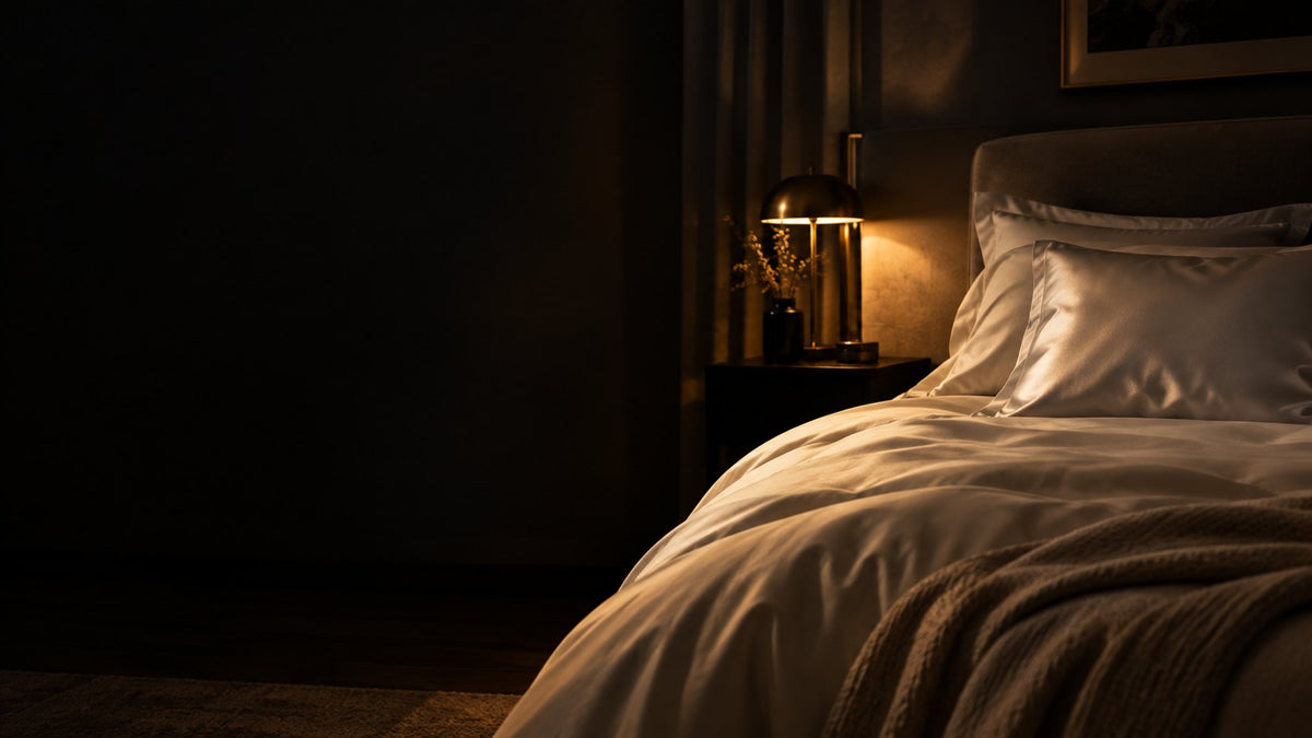 Dormitorio en penumbra con una almohada con funda de saten iluminada por una lampara calida